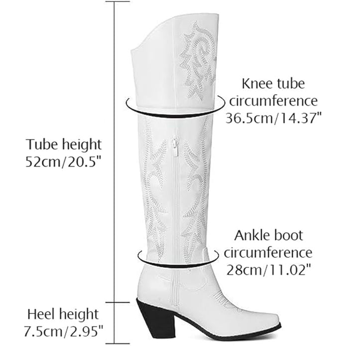 Tuhoomall Western Over-the-Knee Boots for Women, Chunky Heel, Snip-Toe, Embroidered, Slip-On, Distressed Style for Parties and Casual Outings