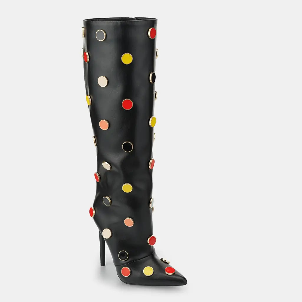 Tuhoomall Stunning over-the-knee High Heels Womens Boots with Polka Dot Pattern for Parties and Performances, Synthetic Leather, 12cm Heel Tuhoomall