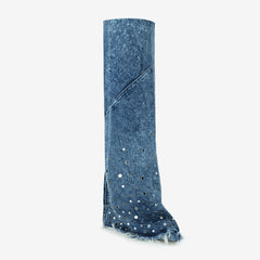 Tuhoomall Over-The-Knee Boots with Fringe and Studs for Party and Performance, Vintage Style, Slip-On Wedge Heel