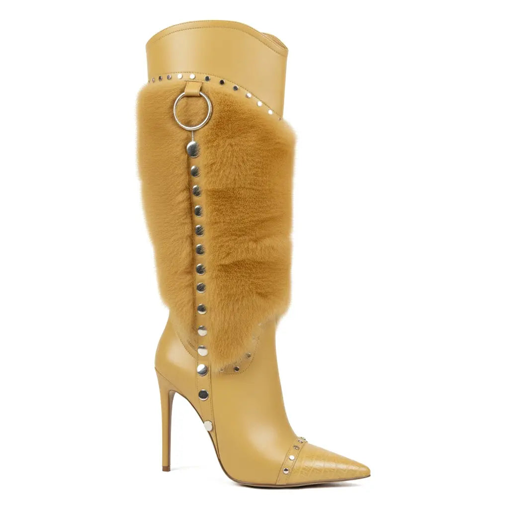 Tuhoomall Heel Fashion Boots for Women, Elegant Pointed Toe High Heels with Studs and Faux Fur, Ideal for Parties and Performances Tuhoomall