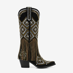 Tuhoomall Western Style Knee High Boots for Special Occasions with Floral, Fringe, and Rhinestone Details – Chic and Stylish Footwear for All Seasons