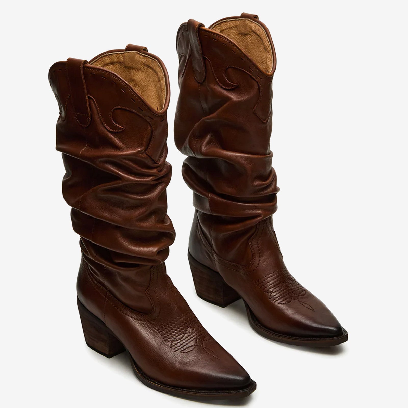Tuhoomall Western Cowboy Boots For Women, Stylish Wrinkled Mid-Calf Design, Comfortable Slip-On Style, Embroidered Detailing