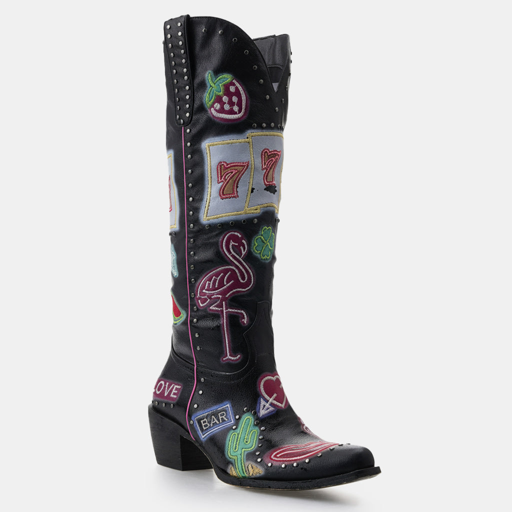 Tuhoomall Western Embroidered Cowgirl Boots for Women - Chunky 5.1 cm Heel, Slip-On, Versatile Casual Party Footwear