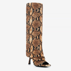 Tuhoomall Stylish Party Peep Toe Knee High Boots with Wrinkle Design and Rhinestone Accents for Trendy Casual Wear