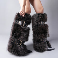 Tuhoomall Knee-High Folded Fashion Boots with Pointed Toe, Faux Fur Design, Adjustable Buckle, Stylish Rubber Sole for Parties and Performances