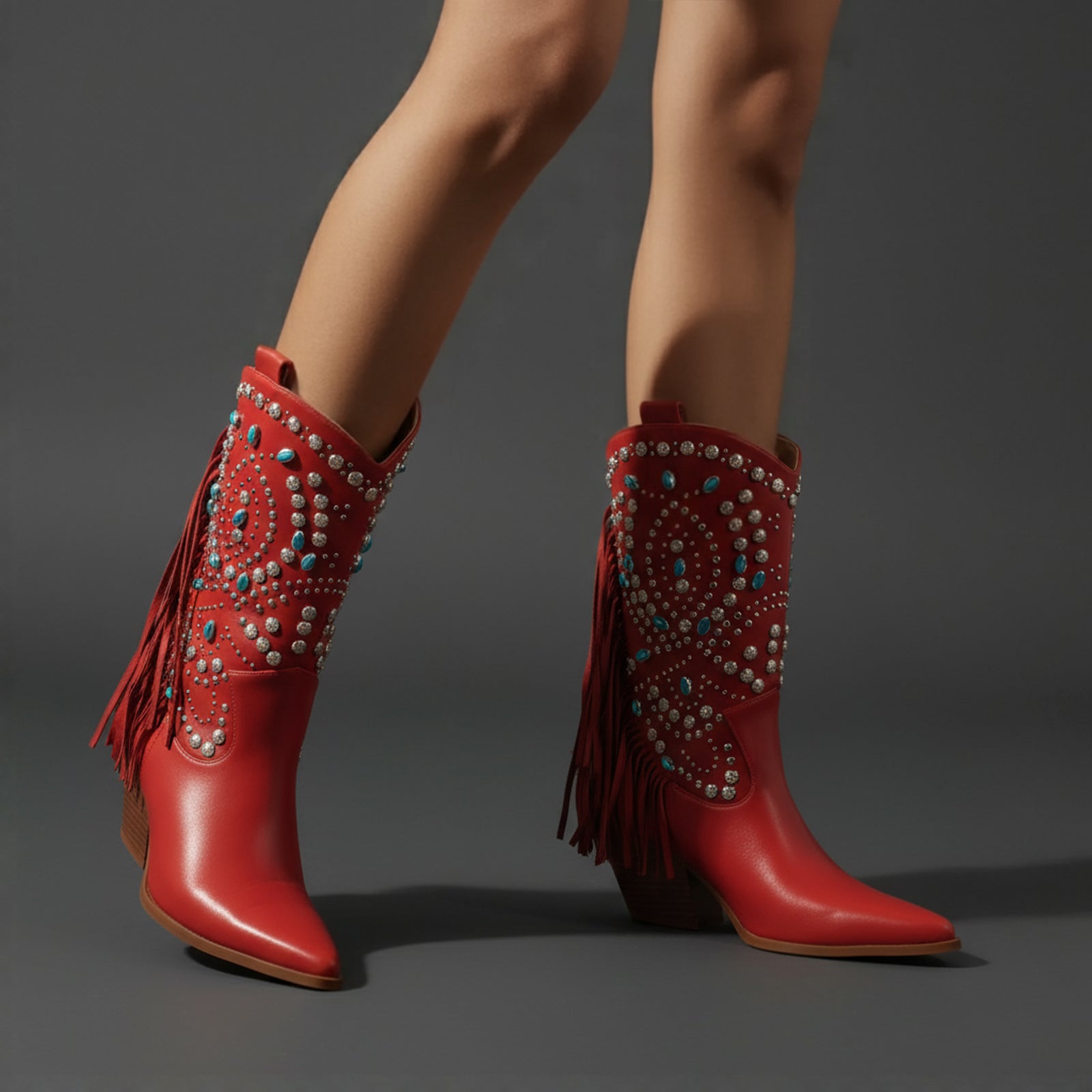 Tuhoomall Western Style Floral Embellished Mid-Calf Cowboy Boots with Chunky Heel for Fashion, Outdoor, Party and Casual Western Boots