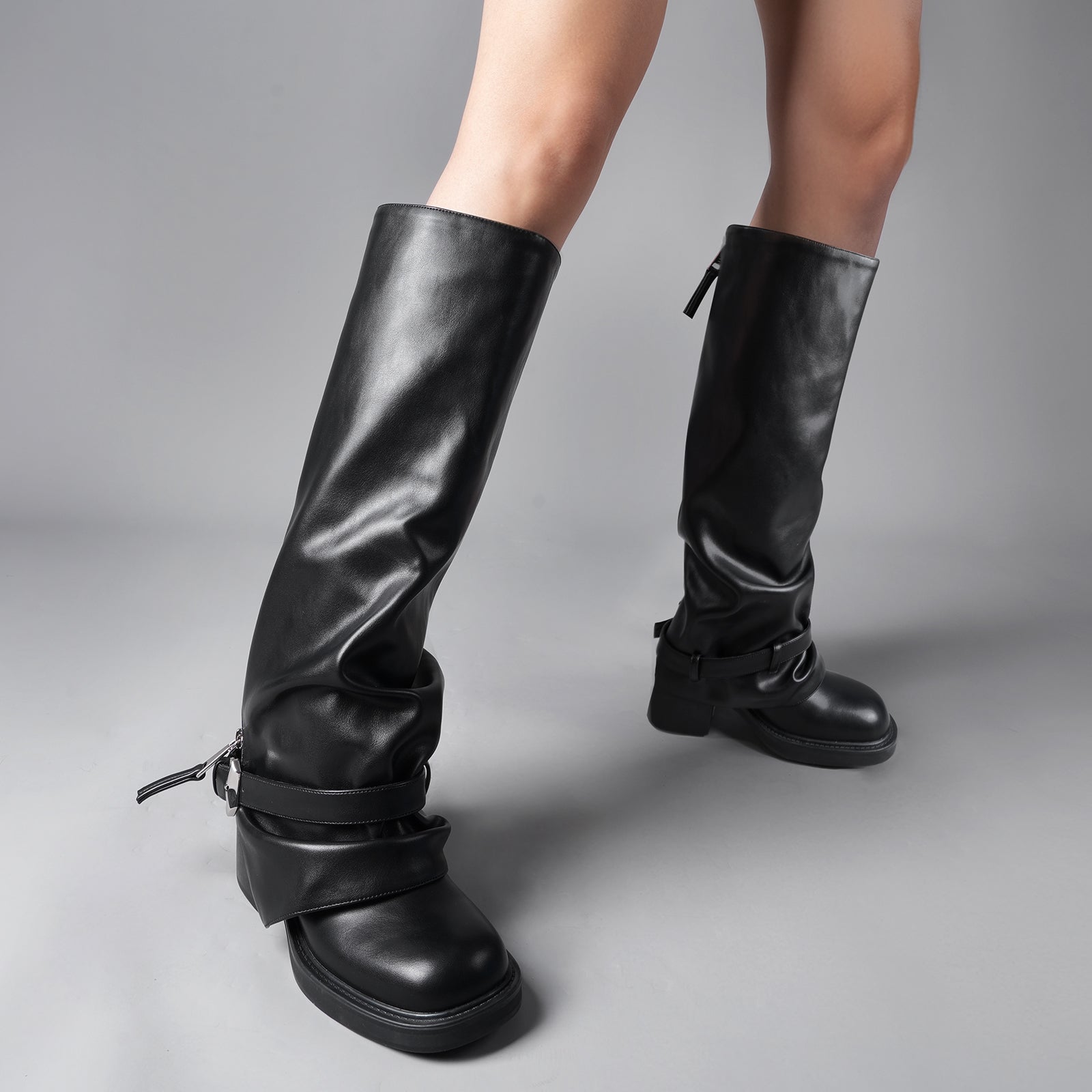 Tuhoomall Knee High Women's Boots with Zipper, Stylish Low Chunky Heel, Trendy Metal Accents for Parties and Casual Outings