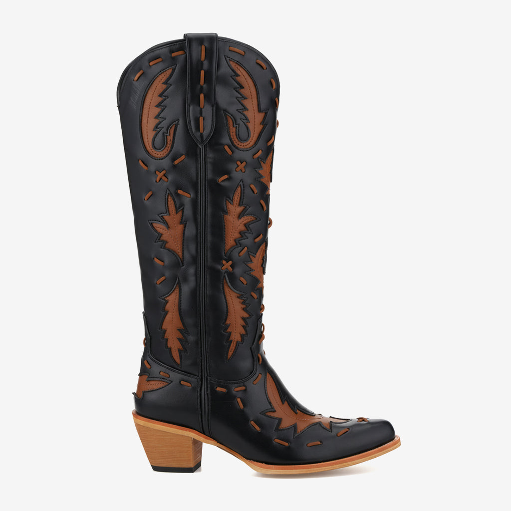 Tuhoomall Western Knee-High Cowboy Boots With Chunky Heel, Stylish Suede , Chic Patchwork Design For Comfort In Casual Outfits