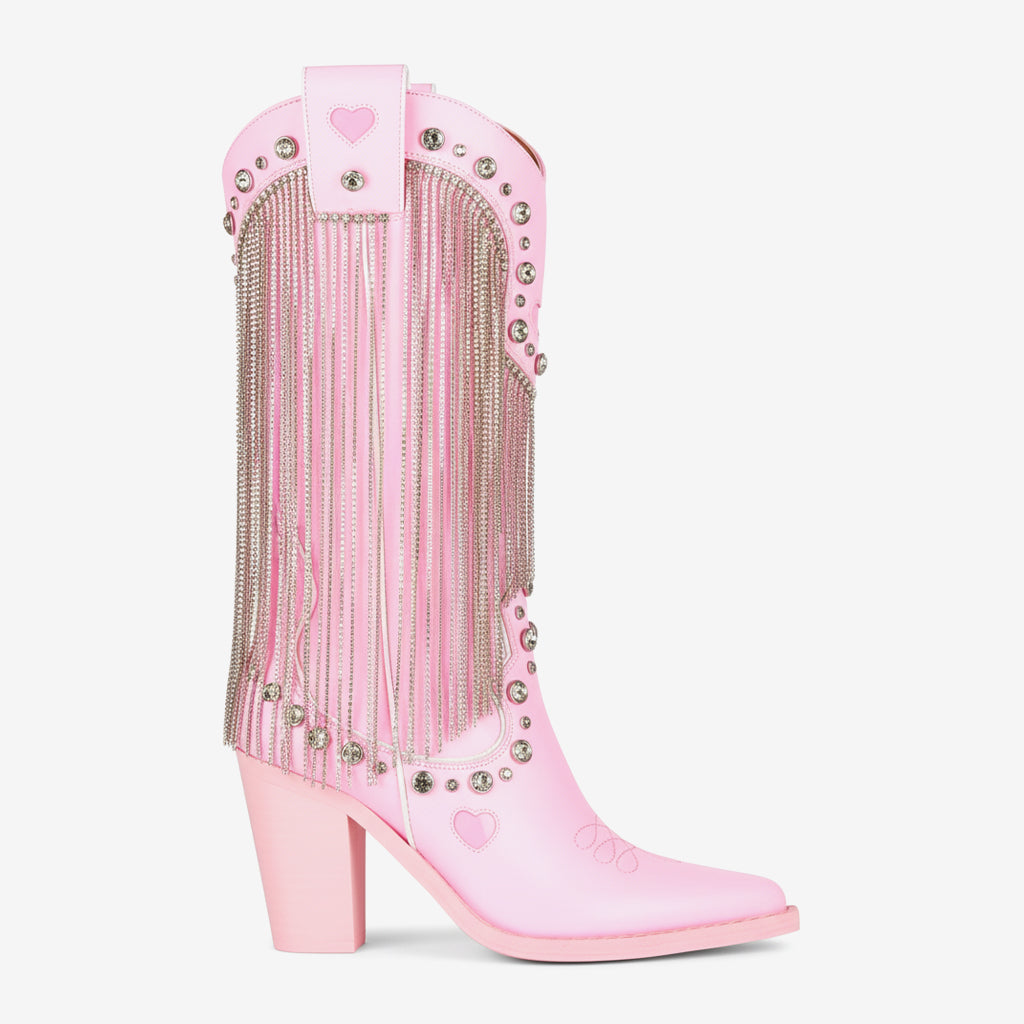 Tuhoomall Chunky Heel Western Rhinestone Booties with Fringes for Fashion Events, Pointed Toe, Slip-On Style, All-Day Comfort, Eye-Catching Design
