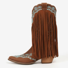 Tuhoomall Western Cowboy Boots for Women with Fringe, Embroidery and Studs - Stylish Casual Party Footwear with Chunky Heels