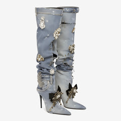 Tuhoomall Knee-High Stiletto Boots With Ruched Design, Pointed Toe, Jewel Embellishments, Stylish Slip-On, Perfect For Parties And Performances