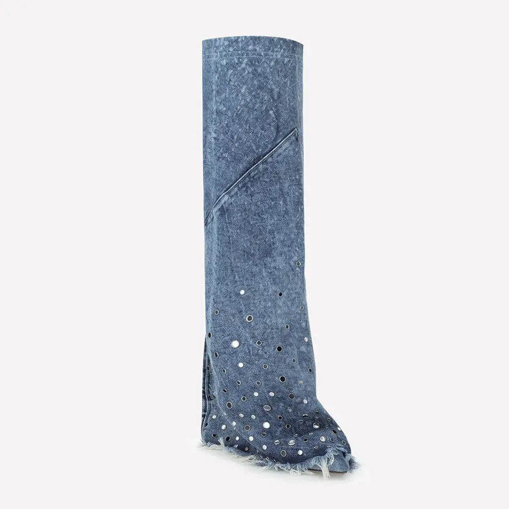 Tuhoomall Over-The-Knee Boots with Fringe and Studs for Party and Performance, Vintage Style, Slip-On Wedge Heel Tuhoomall