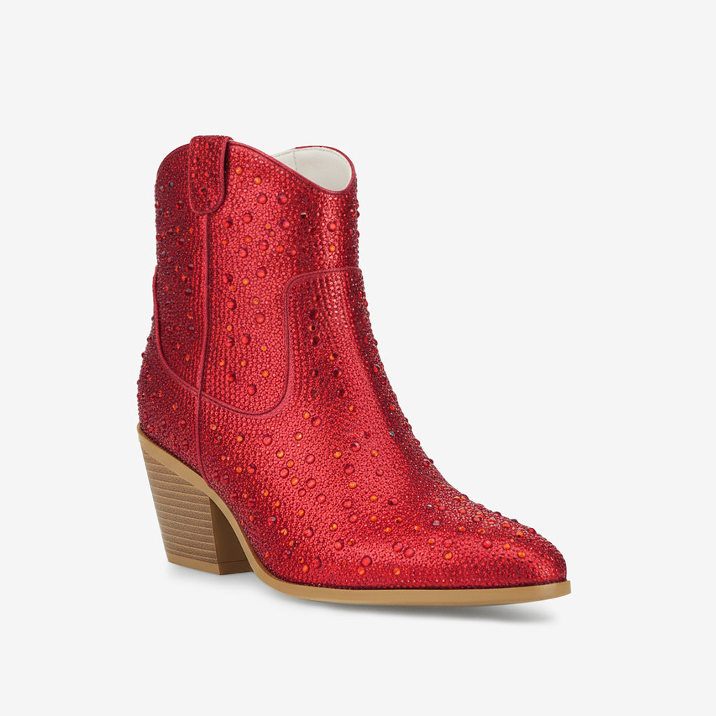Tuhoomall Western LOW Heel Ankle Boots, Zipper Closure, Chic Rhinestone Detail, Solid Color, Perfect for Parties and All-Season Fashion