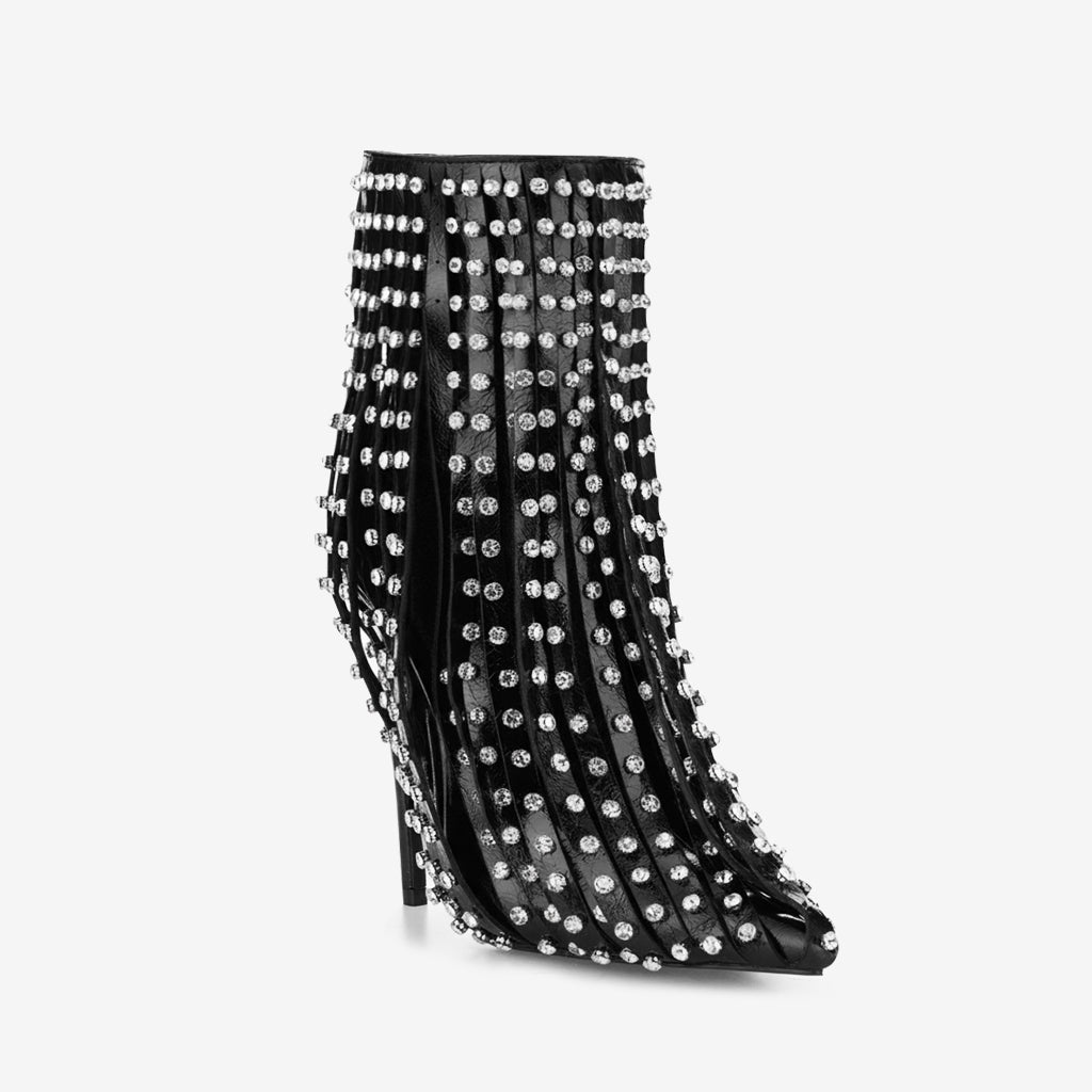 Tuhoomall Ankle Boots with Fringe and Rhinestones for Party Performance, Stylish High Heel, Polka Dot Design, All-Season Wear