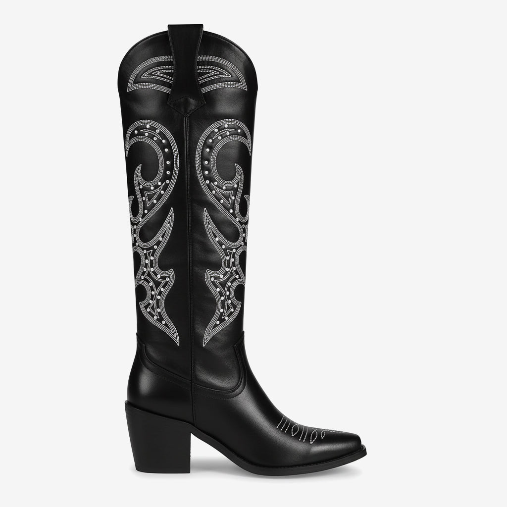 Tuhoomall Western Style Knee High Boots With Rhinestones & Embroidery, Trendy Chunky Heels For Casual Office Wear, All Season Comfort