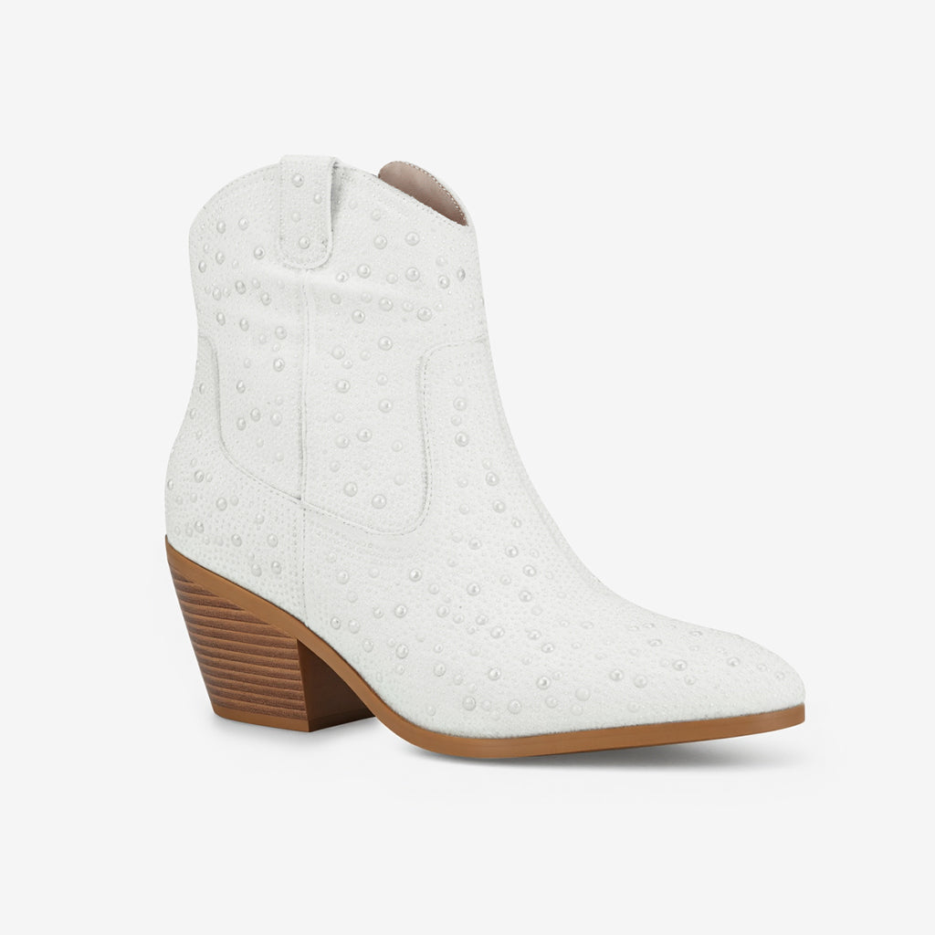 Tuhoomall Western LOW Heel Ankle Boots, Zipper Closure, Chic Rhinestone Detail, Solid Color, Perfect for Parties and All-Season Fashion