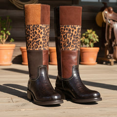 Tuhoomall Stylish Mid-Calf Boots for Parties and Evenings, Round Toe, Low Chunky Heel, Chic Patchwork Design with Snake, Crocodile, Leopard Print