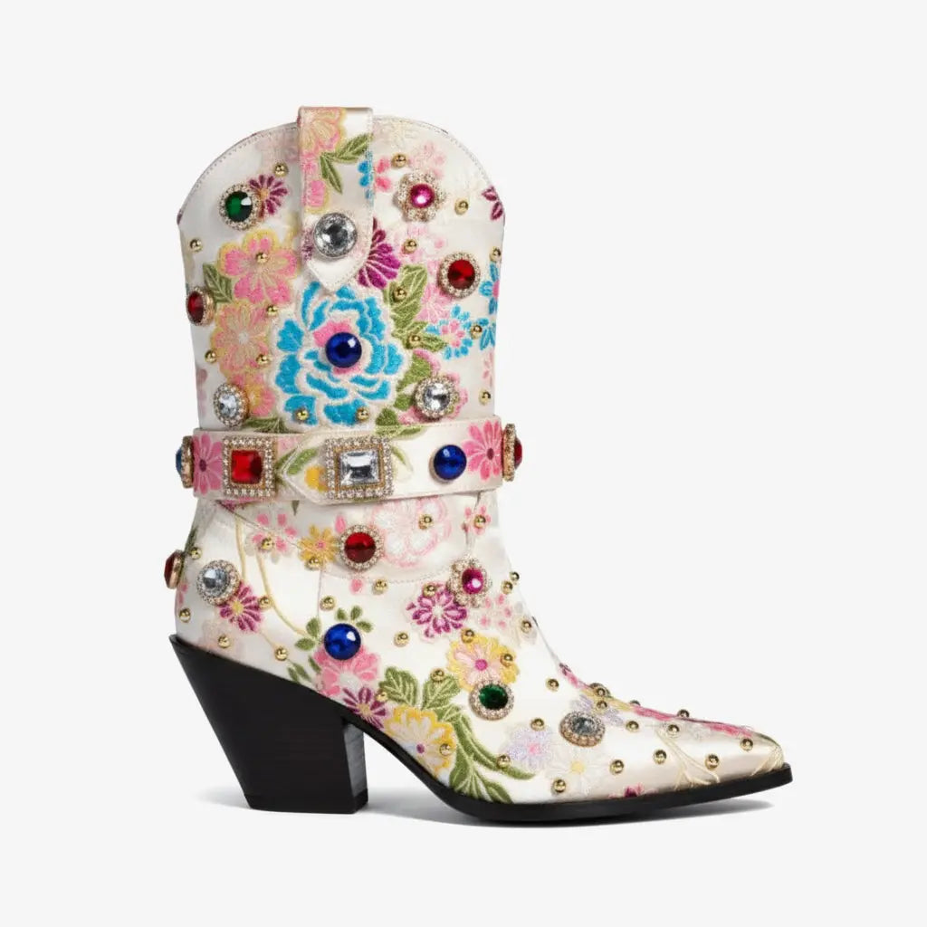 Tuhoomall Western Floral Embroidered Rhinestone Mid Calf Boots for Women, Chunky Heel, Water-Resistant Satin, Stylish for Spring Autumn Winter Tuhoomall