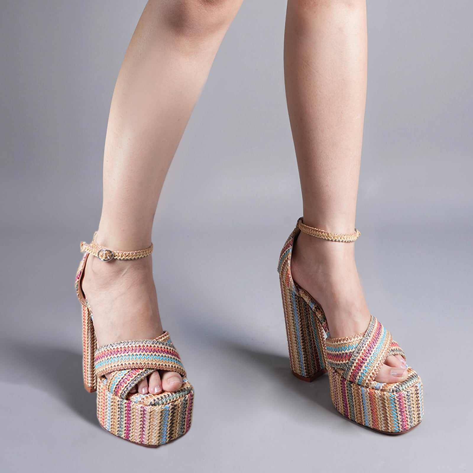 Tuhoomall High Heel Woven Sandals for Women - Comfortable Floral Design, 14 cm Block Heel, Adjustable Strap, Perfect for Weddings and Travel