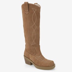 Tuhoomall Western Style Knee-High Cowboy Boots for Women, Casual Vintage Square Toe Chunky Heel, Embroidered Faux Suede, Spring Autumn Winter