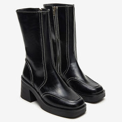 Tuhoomall Fashionable Casual Mid-Calf Boots for Travel and Outdoor, Comfortable Chunky Heels with Metal Zipper and Color Block Design