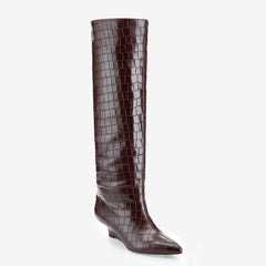 Tuhoomall Wedges Boots Over-the-Knee Boots For Parties and Performances, Comfortable Wedge Heel, Crocodile Pattern PU, Fashionable Retro Design