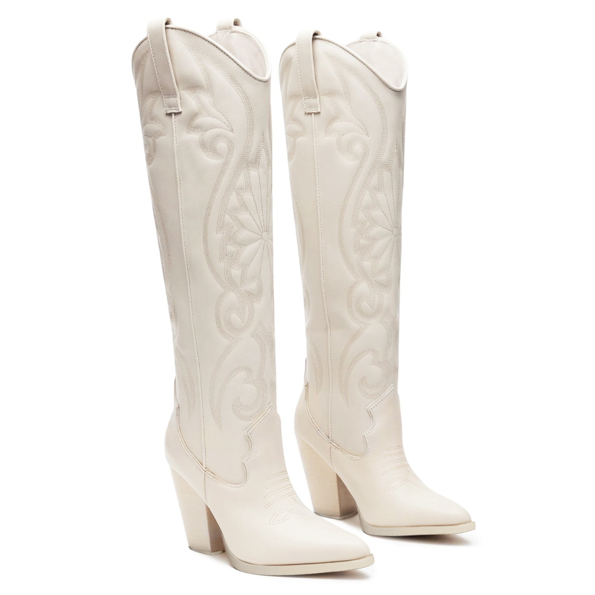 Tuhoomall Western Floral Embroidered Knee-High Boots for Women - Comfortable Slip-On Design with Chunky Heel for Parties and Daily Wear