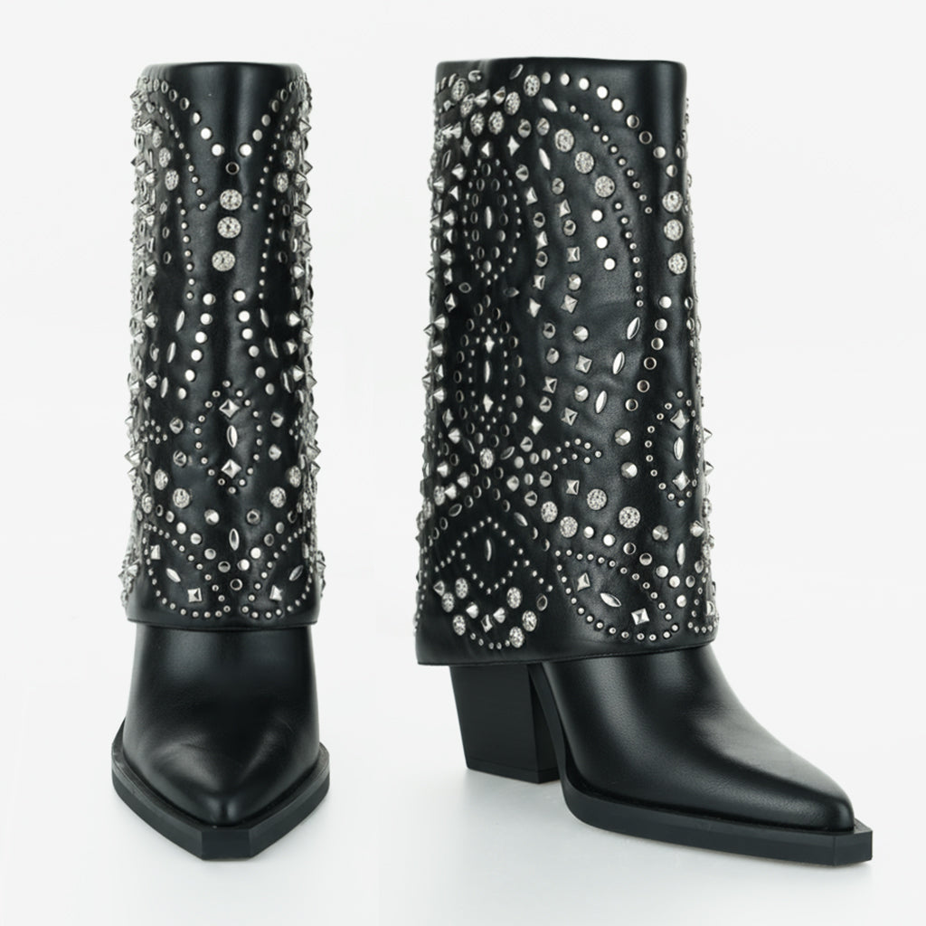 Tuhoomall Ankle Boots for Women, Stylish and Comfortable, Perfect for Parties and Casual Outings, Studded Design with Metal Buckle, 10cm Chunky Heel