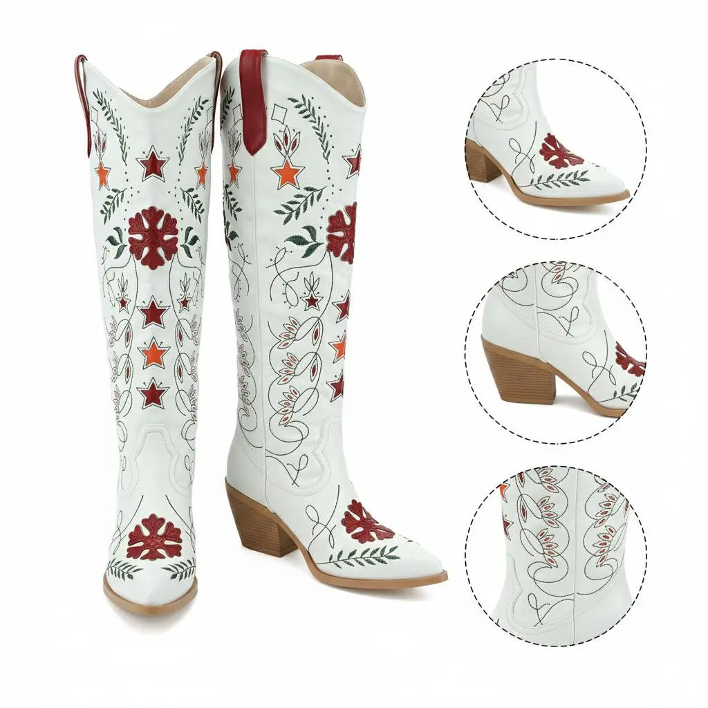 Tuhoomall Western Cowboy Knee-High Boots with Floral Embroidery, Chunky Heels for Fashion, Outdoor and Casual Wear, Unique Hollow Design, All-Season Ready Tuhoomall