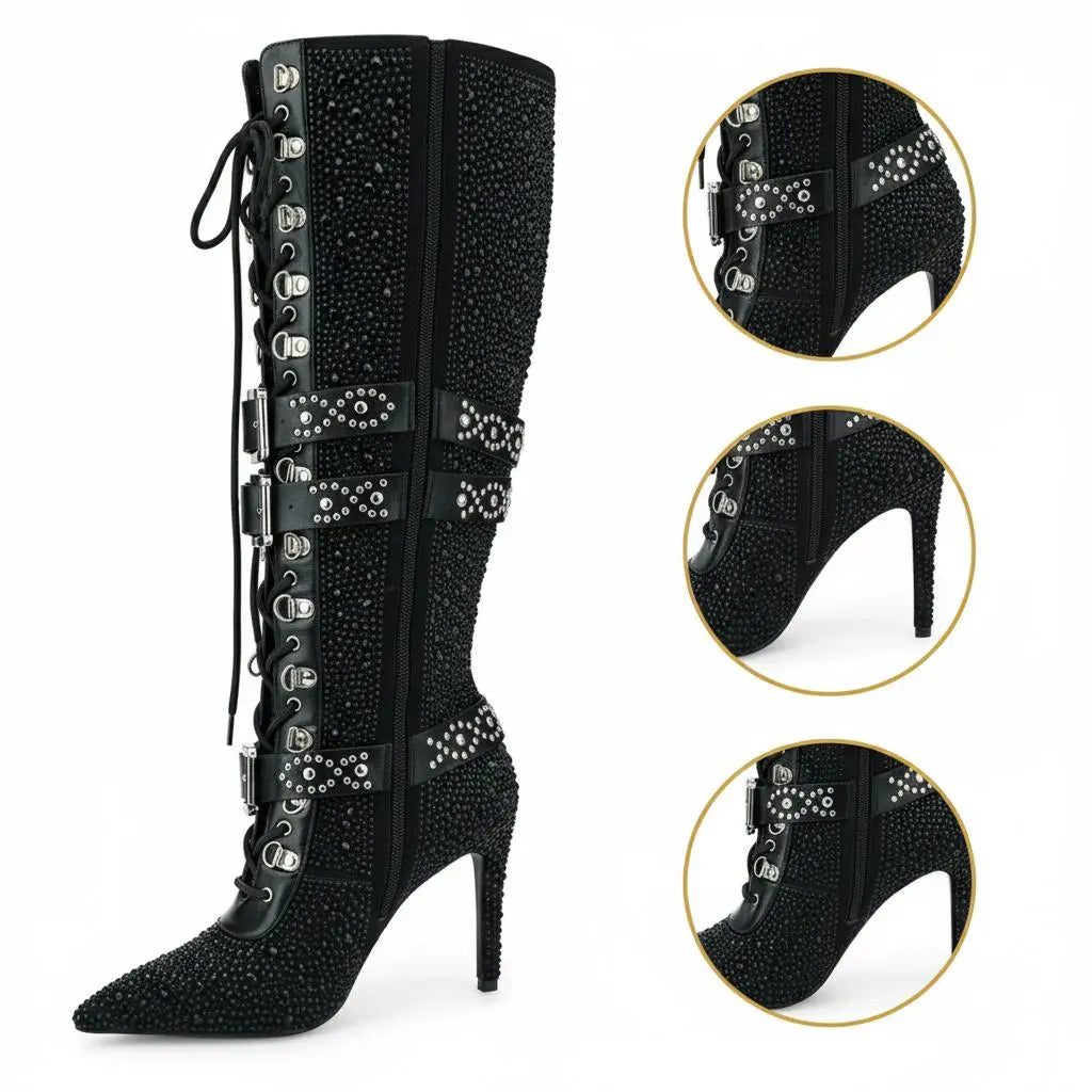 Tuhoomall Rhinestone Knee-High Heeled Boots for Women with Adjustable Strap, Faux Suede Finish and Geometric Pattern, Perfect for Parties and Dances Tuhoomall