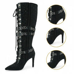 Tuhoomall Rhinestone Knee-High Heeled Boots for Women with Adjustable Strap, Faux Suede Finish and Geometric Pattern, Perfect for Parties and Dances Tuhoomall