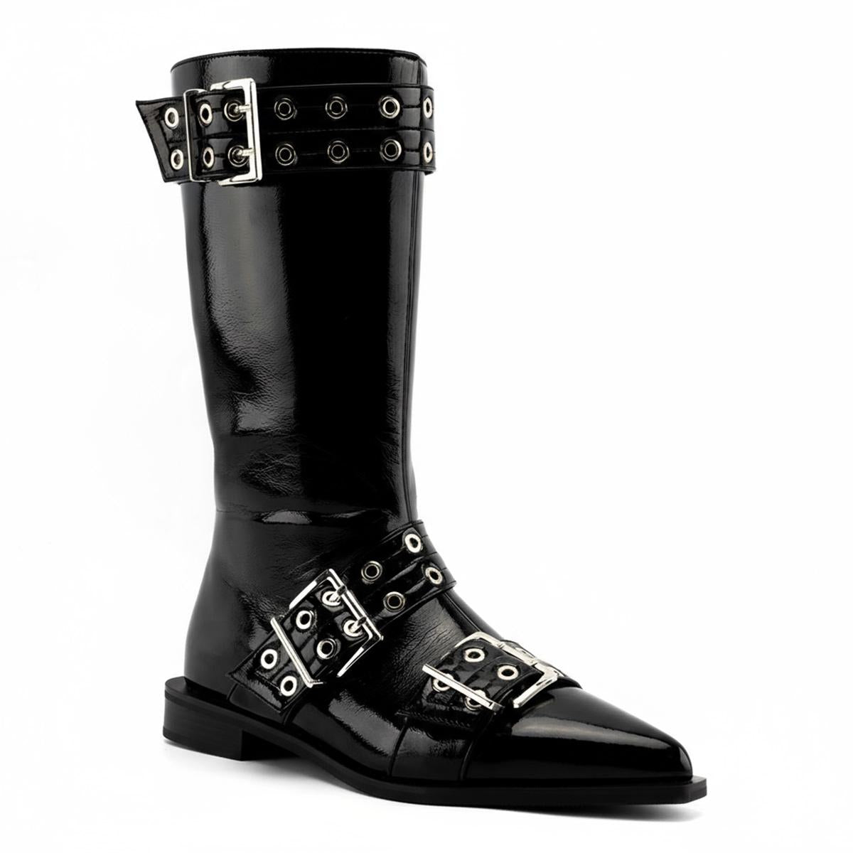 Tuhoomall Comfortable Mid-Calf Boots For Parties & Daily Wear With Adjustable Buckles, Zipper And Metal Accents - Casual All-Season Fashion Footwear