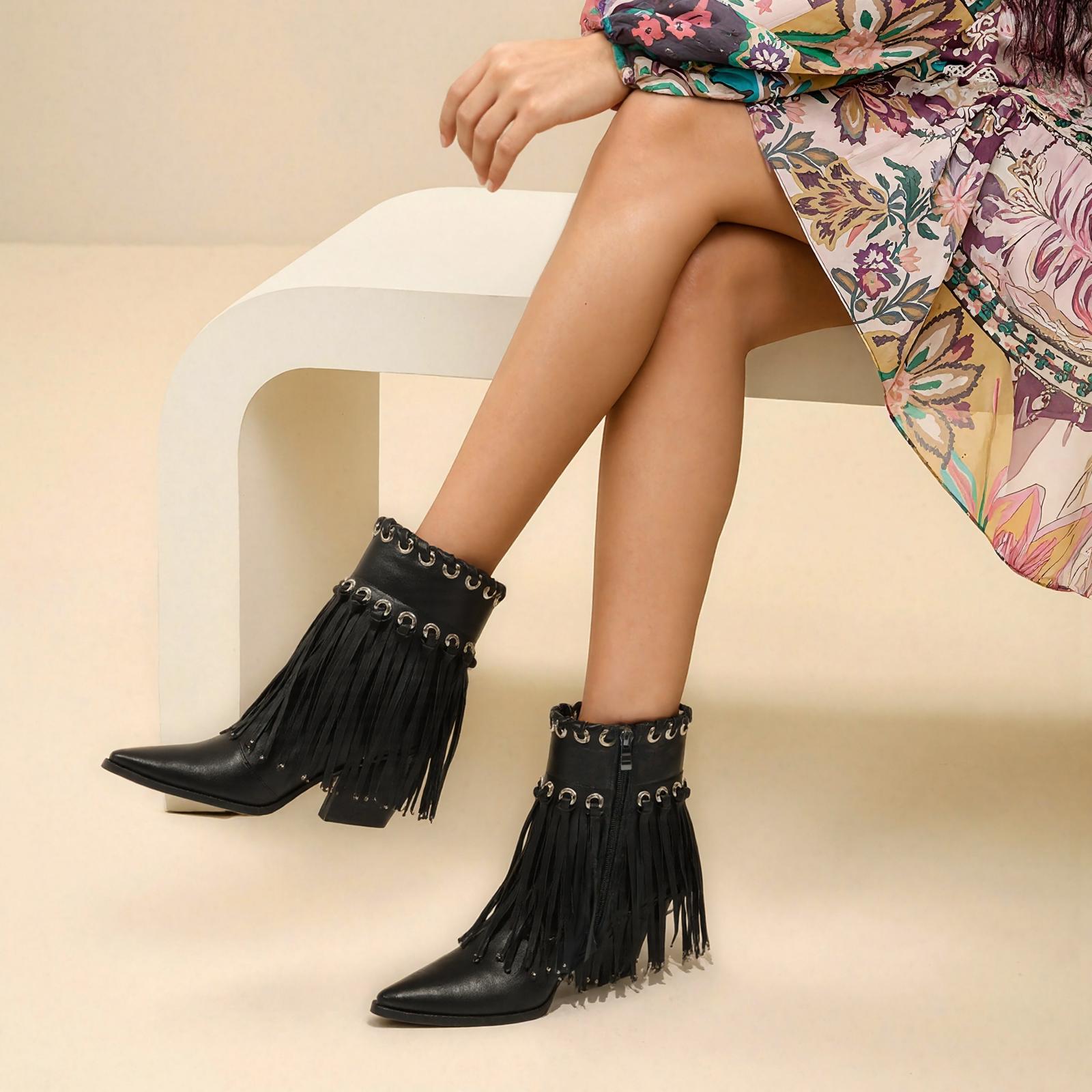Tuhoomall Western Ankle Boots for Women - Chic Pointed Toe Suede Short Booties with Tassels & Zipper for Fashionable Casual Outdoor Style