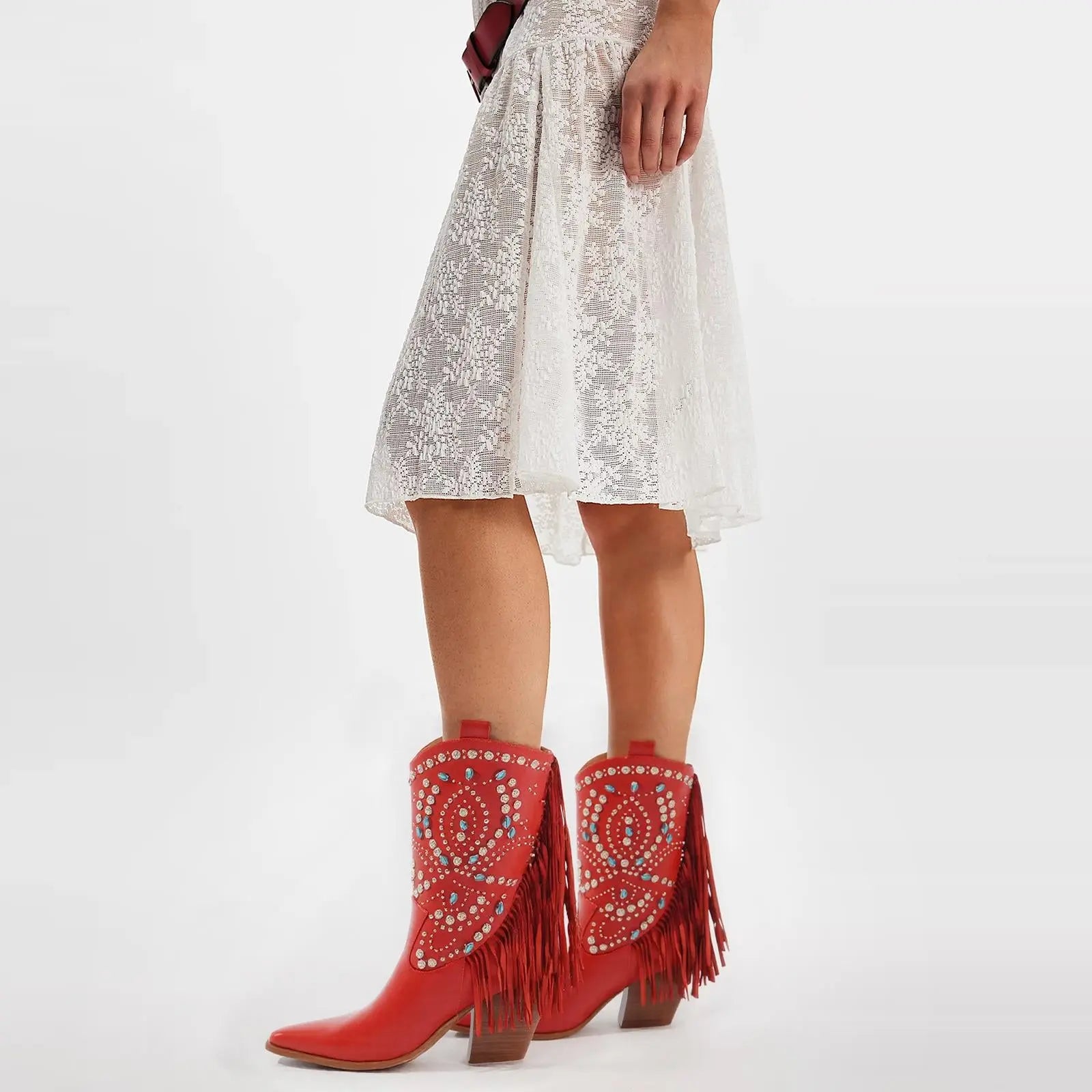 Tuhoomall Western Style Floral Embellished Mid-Calf Cowboy Boots with Chunky Heel for Fashion, Outdoor, Party and Casual Western Boots Tuhoomall