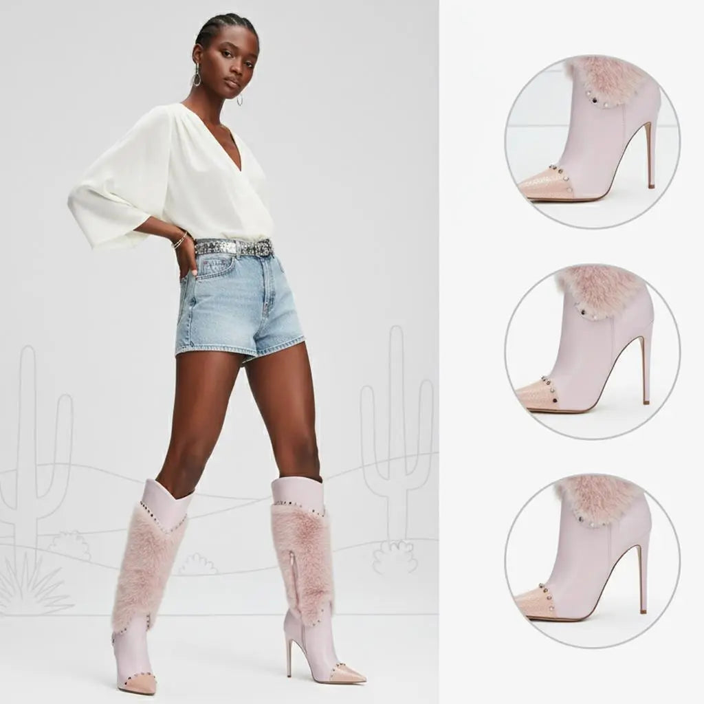 Tuhoomall Heel Fashion Boots for Women, Elegant Pointed Toe High Heels with Studs and Faux Fur, Ideal for Parties and Performances Tuhoomall