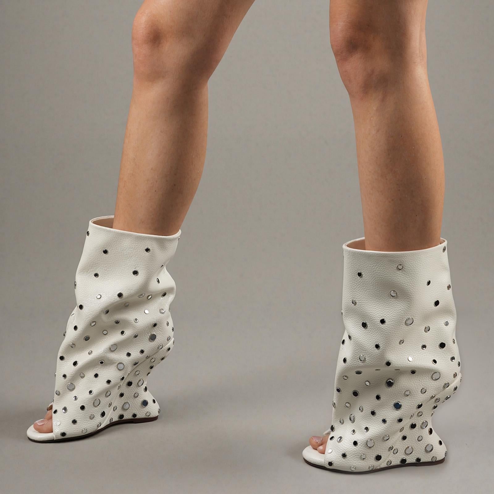 Tuhoomall Stylish Peep Toe Ankle Boots with Shiny Detail for Parties and Casual Outings - Comfortable 12cm Wedge Heels in All Seasons