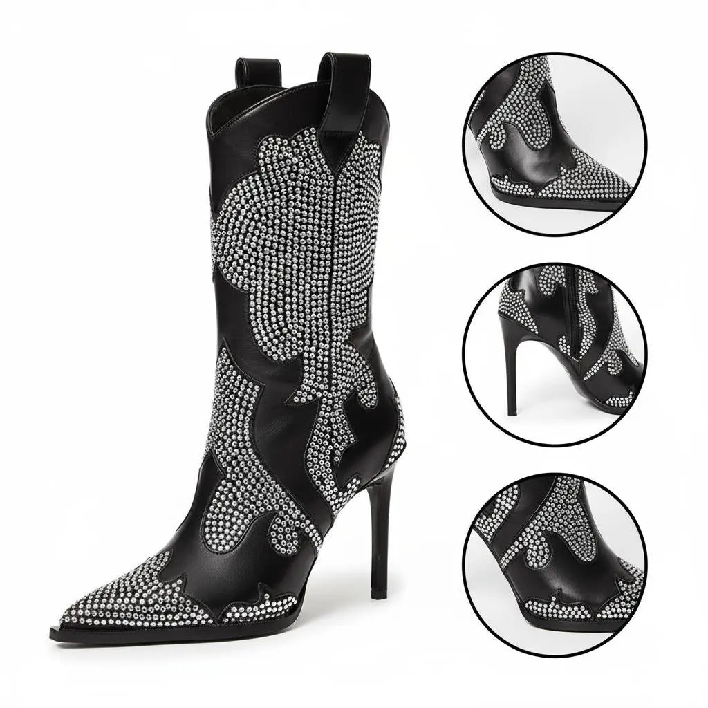 Tuhoomall Stiletto Ankle Boots With Rhinestone Applique, 3.94in Heel, Pointy Toe, Chic For Parties And Casual Outings, All-Season Wear Tuhoomall