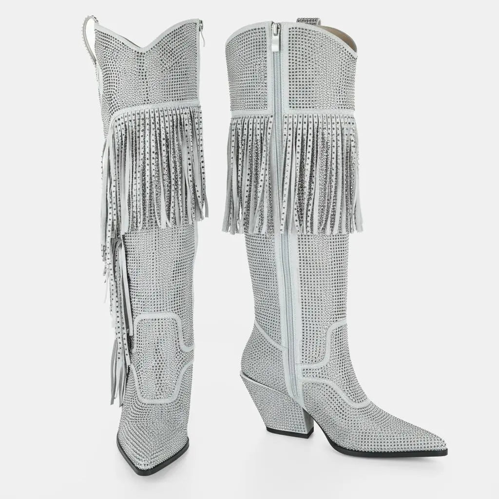 Tuhoomall Knee High Suede Boots For Women With Chunky Heel, Pointed Toe, Tassel And Rhinestones, Perfect For Fashion, Casual And Outdoor Wear Tuhoomall