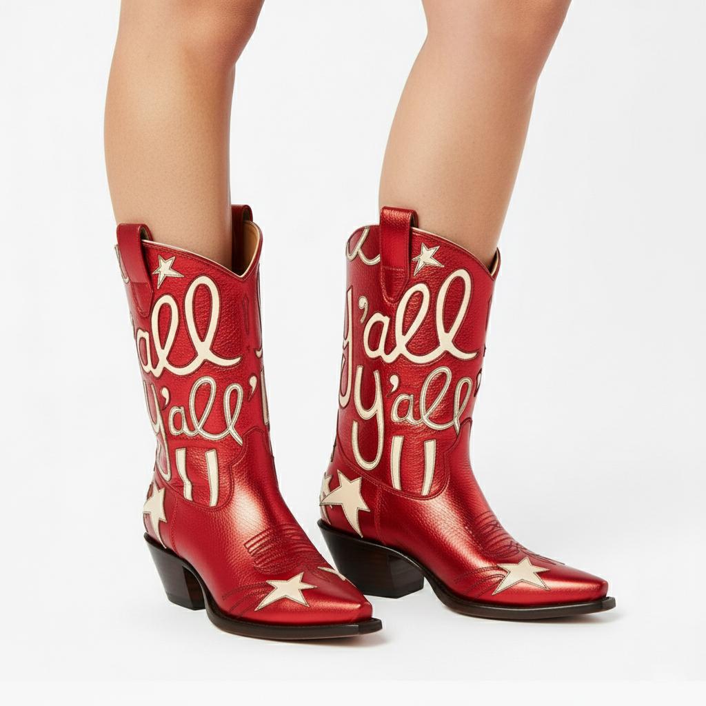 Tuhoomall Comfortable Western Boots for Fashion Parties and Daily Wear with Star and Letter Embroidery, Chunky Heel, Slip-On Design Tuhoomall