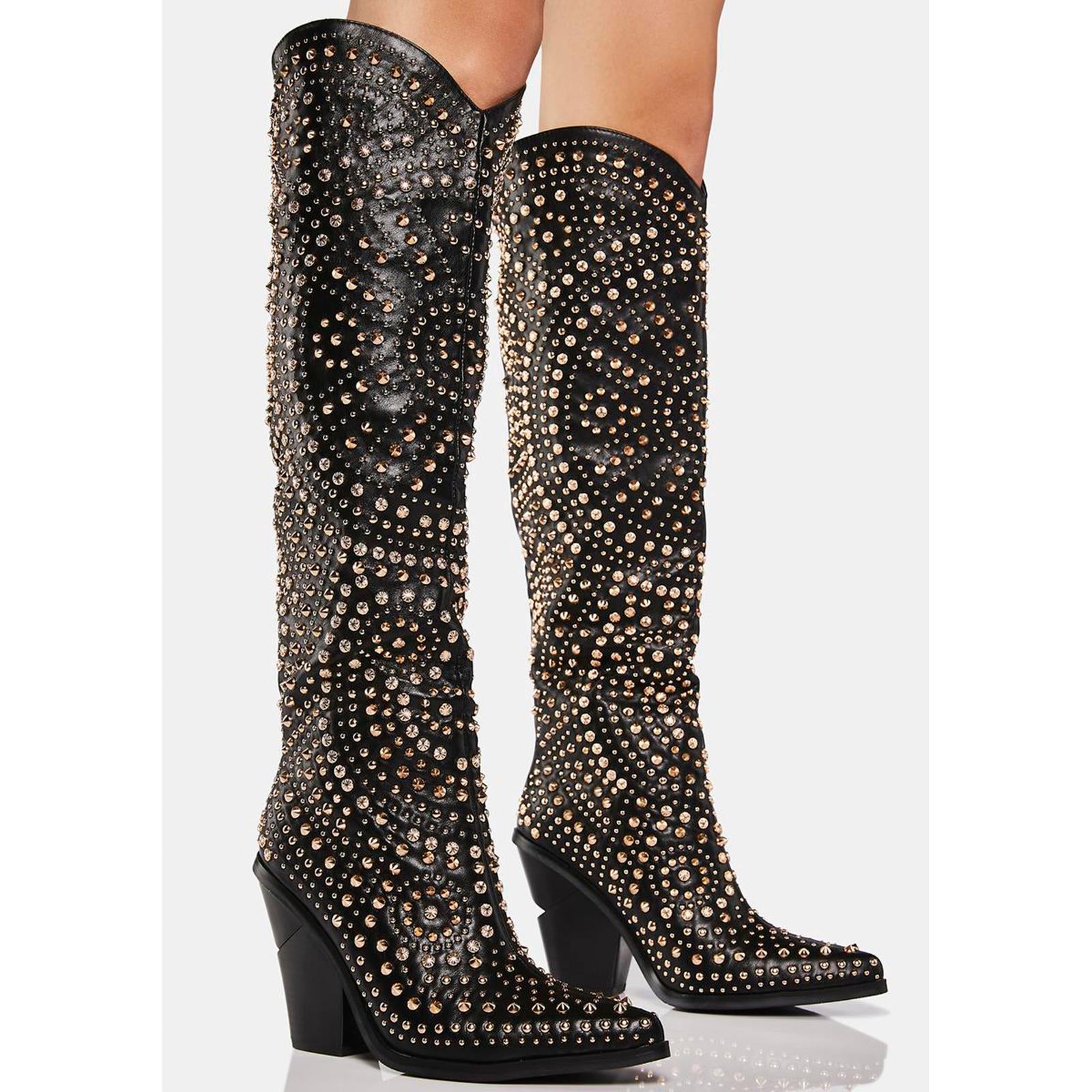 Tuhoomall Western Style Mid Calf Cowboy Boots with Chunky Heel, Pointed Toe, Zipper Closure, Studded Design, Vegan Leather, Ideal for Spring, Fall & Winter