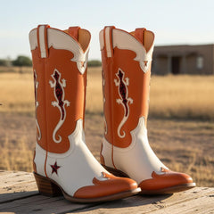 Tuhoomall Fashionable Western Mid-Calf Boots for Women, Slip-On Style with Chunky Heel, Unique Star Animal Print Design, All-Season Versatile Footwear