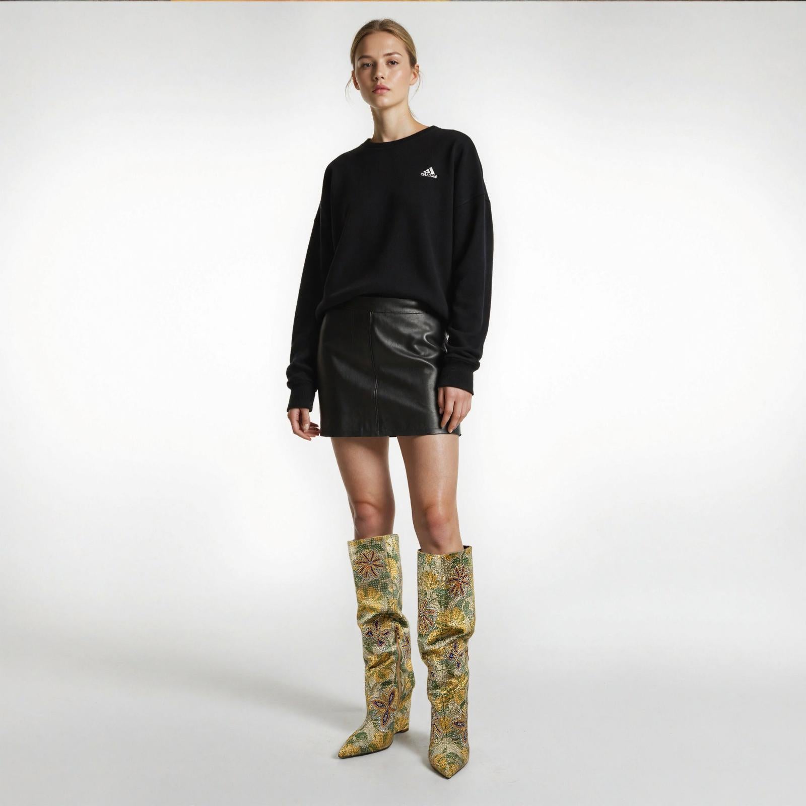 Tuhoomall Over-The-Knee Western Style Boots For Women, Comfortable Floral Design, Perfect For Parties And Casual Outfits