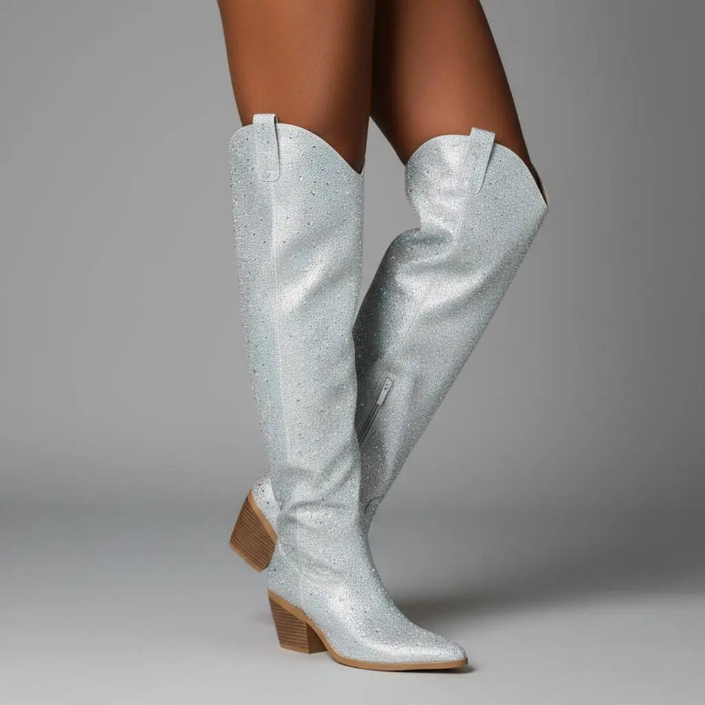 Tuhoomall Western Over-Knee Cowboy Boots With Chunky Heel, Rhinestone-Studded Vegan Leather, Casual All-Season Style, Round Toe, Zipper Closure Tuhoomall