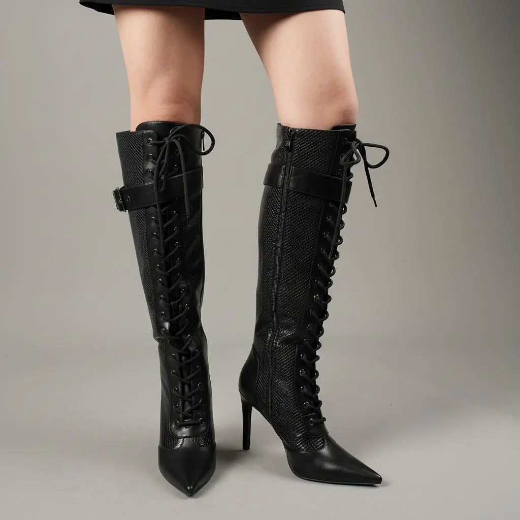 Tuhoomall Fashion Knee-High Boots For Parties, Stylish Pointed Toe With Adjustable Buckle And 9cm Stiletto Heels, Comfortable PU Material, Perfect For All Seasons Tuhoomall