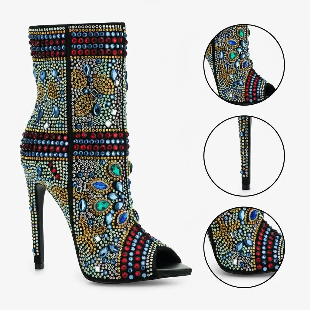 Tuhoomall Stylish Women’s Ankle Boots with Rhinestones, Peep Toe, High Heel for Parties,Trendy and Elegant Tuhoomall