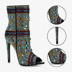 Tuhoomall Stylish Women’s Ankle Boots with Rhinestones, Peep Toe, High Heel for Parties,Trendy and Elegant Tuhoomall
