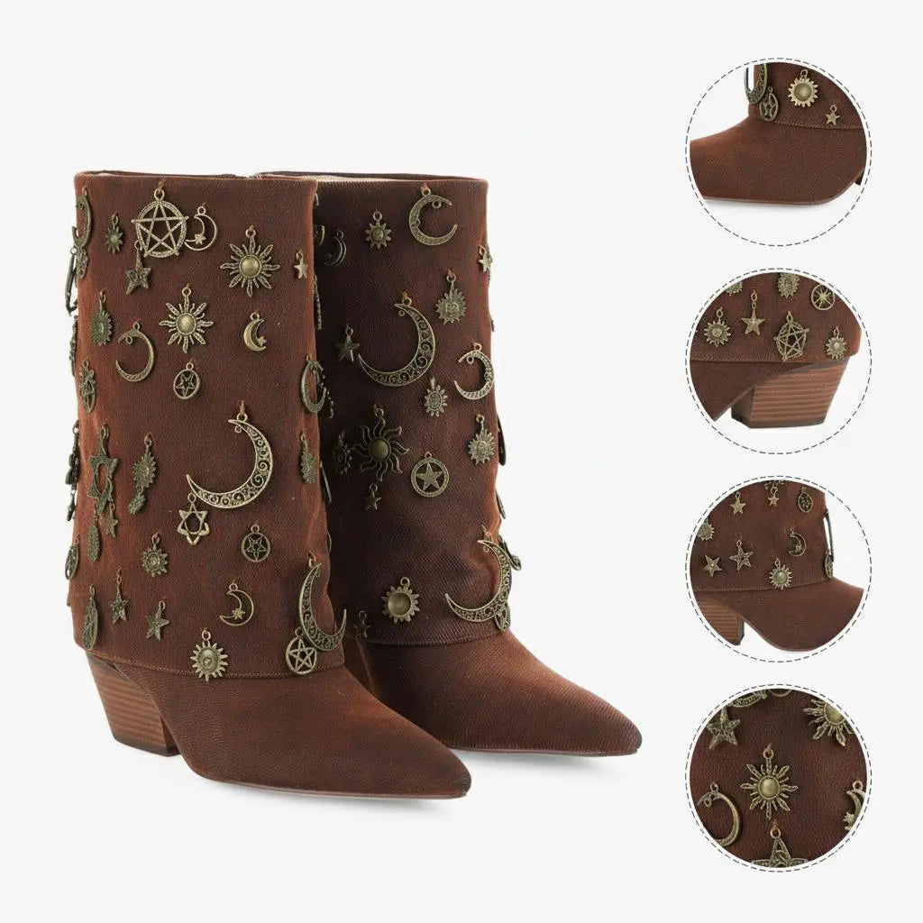 Tuhoomall Western Style Chunky Heeled Ankle Boots with Vintage Metallic Accents for Parties and Events Tuhoomall