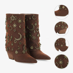 Tuhoomall Western Style Chunky Heeled Ankle Boots with Vintage Metallic Accents for Parties and Events Tuhoomall