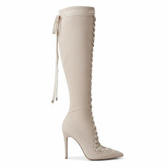 Tuhoomall Knee-High Boots For Bridal Occasion, Pointed-Toe Stiletto Heel, Lace-Up Design, Solid Color, 4" Heel Height, All-Season Wear