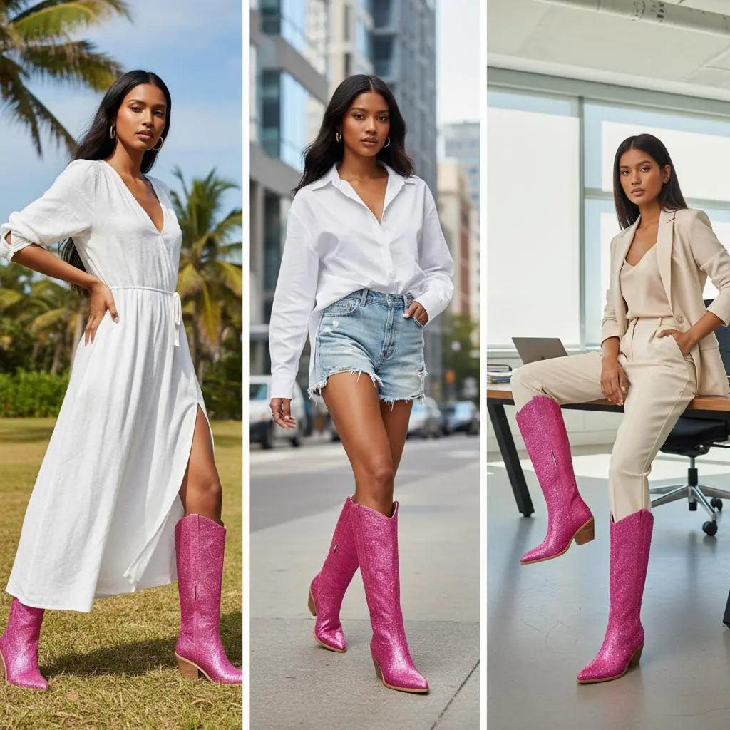 Tuhoomall Rhinestone Western Mid Calf Boots For Women - Chunky Heel & Easy Zip Closure, Stylish For Travel And Weddings Tuhoomall